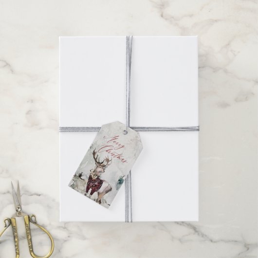 鹿の素朴水彩雪のシーンクリスマス ギフトタグ (より糸付き)