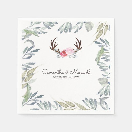 鹿の素朴角とピンクのバラ スタンダードカクテルナプキン (正面)