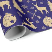 鹿の素朴金ゴールドクリスマスパターン青 ラッピングペーパー (ロールコーナー)