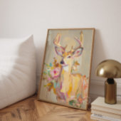 鹿の絵 花柄 パステル ウォール プリント
