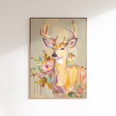 鹿の絵 花柄 パステル ウォール プリント
