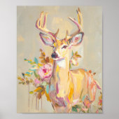 鹿の絵 花柄 パステル ウォール プリント (正面)