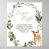 鹿の緑の金ゴールド赤ちゃんシャワーおむつラッフルサイン ポスター (正面)