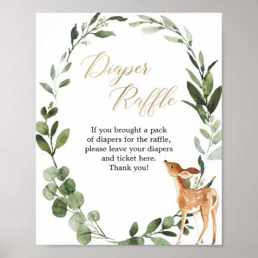 鹿の緑の金ゴールド赤ちゃんシャワーおむつラッフルサイン ポスター (正面)