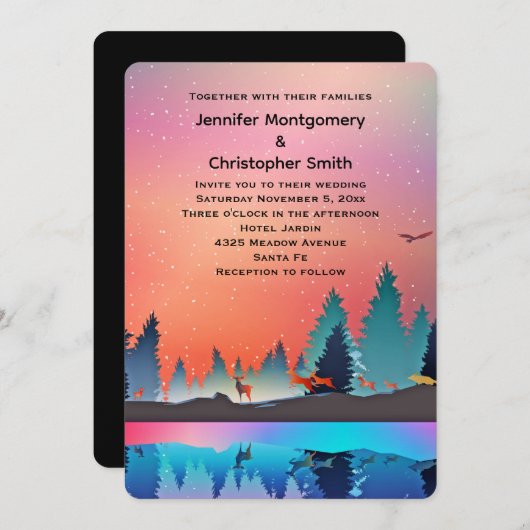 鹿の美しい冬結婚の湖 招待状 (正面/裏面)