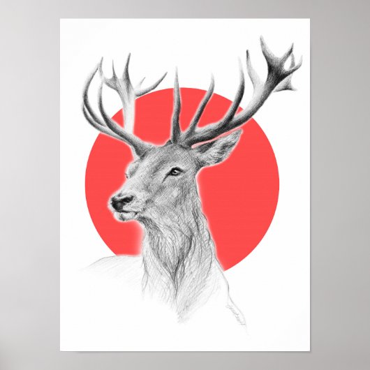 鹿の肖像画 赤い円 動物アート ポスター (正面)