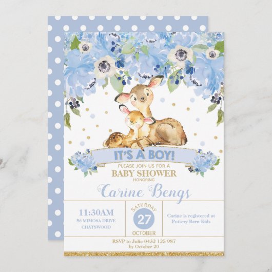 鹿の花のベビーシャワー招待状（男の子） 招待状 (正面/裏面)