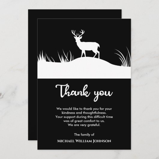 鹿の葬儀記念白黒ミニマリスト サンキューカード (正面/裏面)