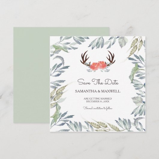鹿の角とグリーンが美しいSave The Date、ピンクの花 招待状 (正面/裏面)
