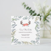 鹿の角とグリーンが美しいSave The Date、ピンクの花 招待状 (スタンド正面)