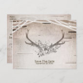 鹿の角とバーチのヴィンテージ結婚式のSave the Date 案内ポストカード (正面/裏面)