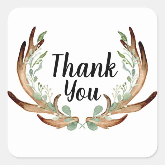 鹿の角と蔓の水彩 ありがとう スクエアシール (正面)