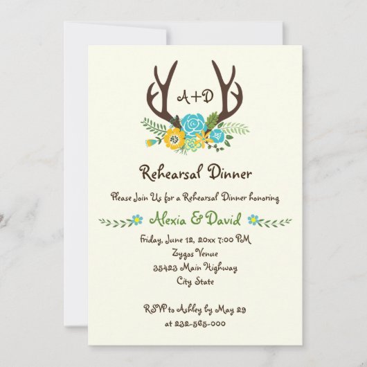 鹿の角の花モノグラム結婚式リハーサルディナー 招待状 (正面)