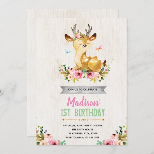 鹿の誕生日パーティーの招待 招待状 (正面/裏面)