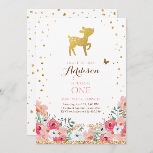 鹿の誕生日招待状ウッドランド金ゴールドピンクフローラ 招待状 (正面/裏面)