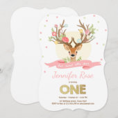 鹿の誕生日招待状〔雄ジカの〕枝角ウッドランドピンク金ゴールド 招待状 (正面/裏面)