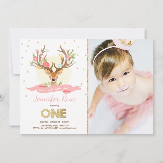 鹿の誕生日招待　ツノ　ウッドランド　ゴールド　ピンク 招待状 (正面)