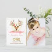 鹿の誕生日招待　ツノ　ウッドランド　ゴールド　ピンク 招待状 (スタンド正面)