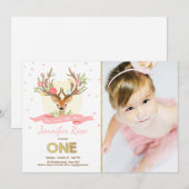鹿の誕生日招待　ツノ　ウッドランド　ゴールド　ピンク 招待状 (正面/裏面)