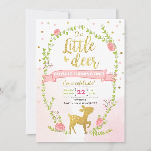 鹿の誕生日招待 女の子 ピンク ゴールド 森のParty 招待状 (正面)