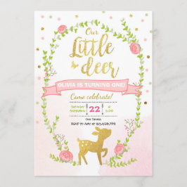 鹿の誕生日招待 女の子 ピンク ゴールド 森のParty 招待状