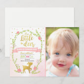 鹿の誕生日招待 女の子 ピンク ゴールド 森のParty 招待状 (正面/裏面)