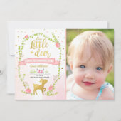 鹿の誕生日招待 女の子 ピンク ゴールド 森のParty 招待状 (正面)