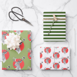 鹿の赤い円の緑のストライプクリスマスパターン ラッピングペーパーシート