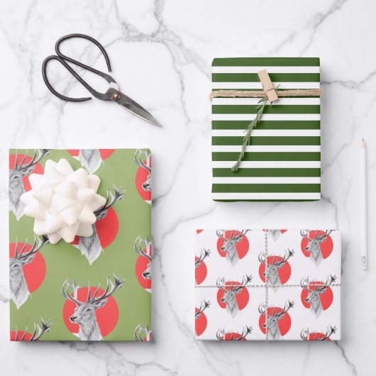 鹿の赤い円の緑のストライプクリスマスパターン ラッピングペーパーシート (正面)