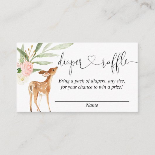 鹿の赤ちゃんシャワーピンク緑おむつラッフルカード エンクロージャーカード (正面)