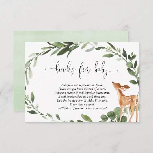 鹿の赤ちゃんシャワーユーカリ緑の本のリクエスト エンクロージャーカード (正面/裏面)