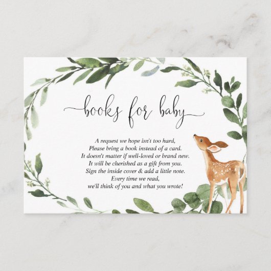 鹿の赤ちゃんシャワーユーカリ緑の本のリクエスト エンクロージャーカード (正面)