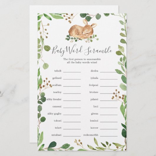 鹿の赤ちゃんシャワーワードスクランブルゲーム (正面/裏面)