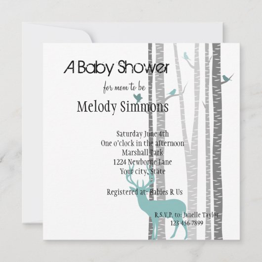 鹿の赤ちゃんシャワー付き木 招待状 (裏面)