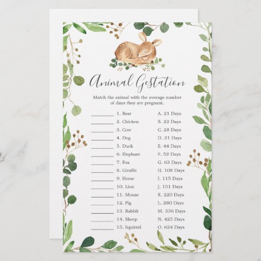 鹿の赤ちゃんシャワー動物の妊娠ゲーム (正面/裏面)