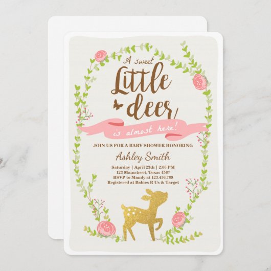 鹿の赤ちゃんシャワー招待ウッドランドガールピンク金ゴールド 招待状 (正面/裏面)