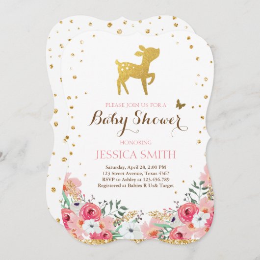 鹿の赤ちゃんシャワー招待ウッドランドガールフローラ 招待状 (正面/裏面)