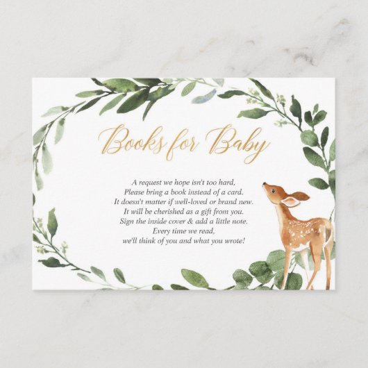 鹿の赤ちゃんシャワー金ゴールド緑の本の要求の挿入 エンクロージャーカード (正面)