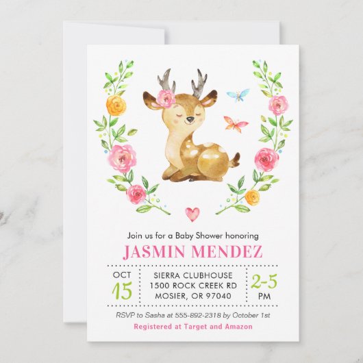 鹿の赤ちゃん女の子シャワーピンク散水可愛いフローラ 招待状 (正面)