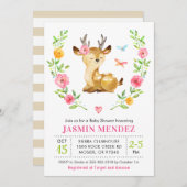 鹿の赤ちゃん女の子シャワーピンク散水可愛いフローラ 招待状 (正面/裏面)