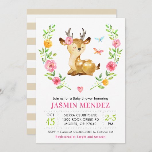 鹿の赤ちゃん女の子シャワーピンク散水可愛いフローラ 招待状 (正面/裏面)