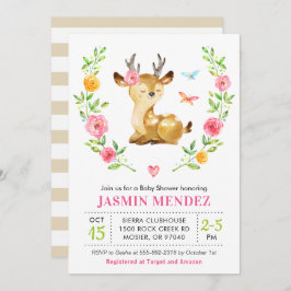 鹿の赤ちゃん女の子シャワーピンク散水可愛いフローラ 招待状