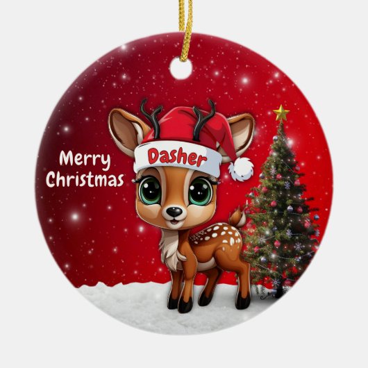 🎄鹿の赤ちゃん、子鹿、雌鹿、トナカイ🦌 メリークリスマス セラミックオーナメント (正面)
