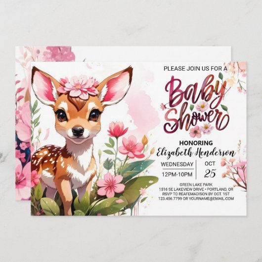 鹿の赤ん坊の女の子のシャワーの森 招待状 (正面/裏面)