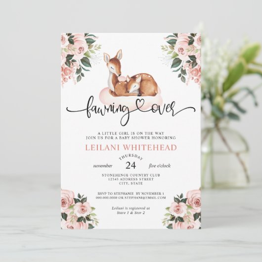 鹿の赤ん坊シャワー水彩植物上に卵を産む 招待状 (スタンド正面)