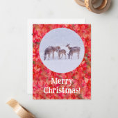 鹿の雪と赤ポインセチアのクリスマスフラットカード ノートカード (正面/裏面インサイチュ)