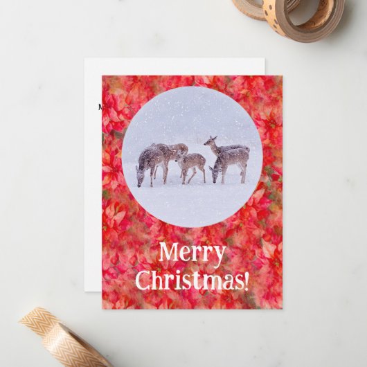 鹿の雪と赤ポインセチアのクリスマスフラットカード ノートカード (正面/裏面インサイチュ)