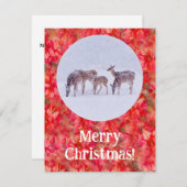 鹿の雪と赤ポインセチアのクリスマスフラットカード ノートカード (正面/裏面)