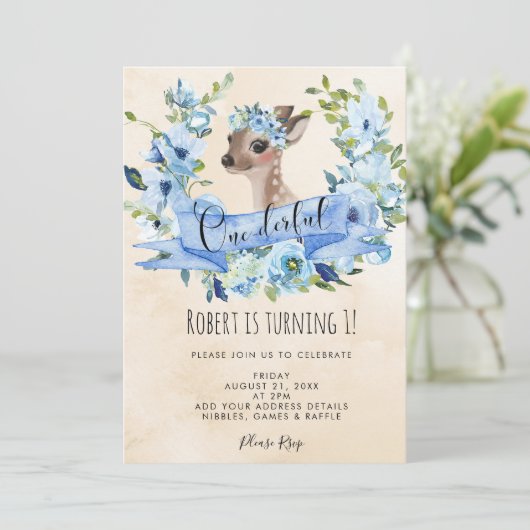 鹿の青いフローラへの招待1歳の誕生日の招待 招待状 (スタンド正面)