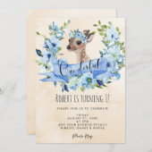 鹿の青いフローラへの招待1歳の誕生日の招待 招待状 (正面/裏面)